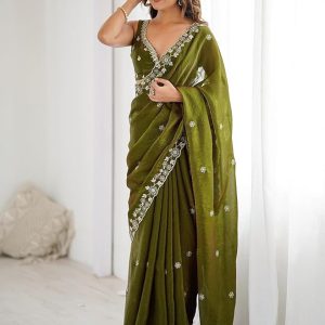 Satrani Women's Tissue Silk Scalloped Border Sequins Embroidery Saree with Unstitched Blouse Piece