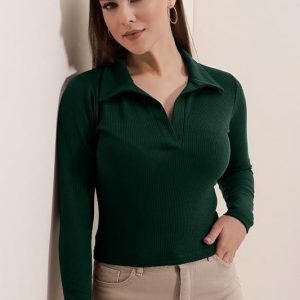 Dream Beauty Fashion Women's Collared Neck Long Sleeve Slim Fit Casual Tee Top, 23" inches