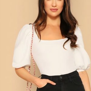 Dream Beauty Fashion Women's Bishop Puff Sleeves Square Neck Slim Top Polyester Blend
